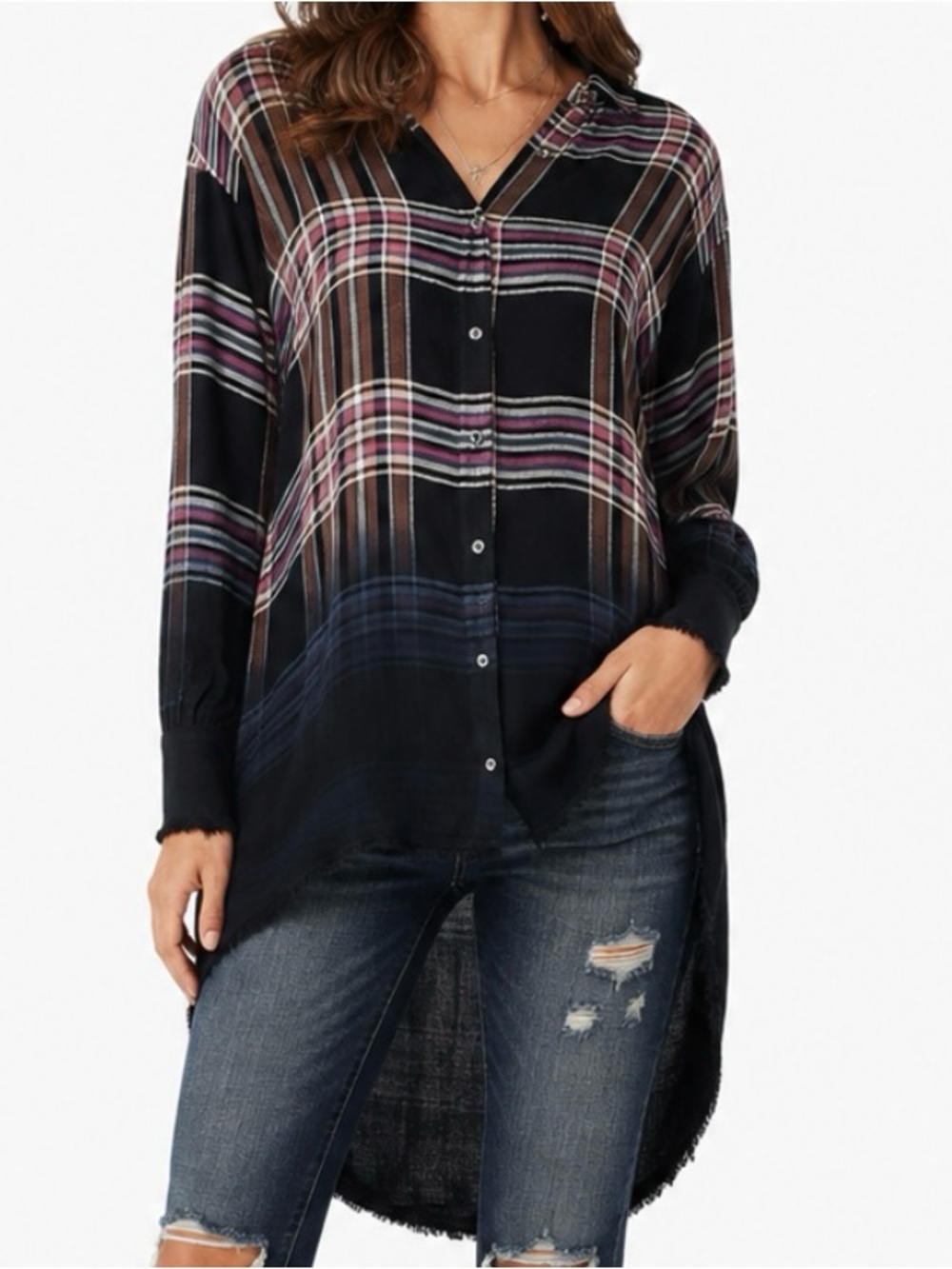 Anthropologie Splendid Ombre Plaid High Low Button Down Raw Edge Fringed Tunic L